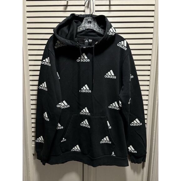 Adidas Black/White Allover Logo Long Sleeve Hoodie Athletic Size M‎ Pocket - Picture 1 of 6